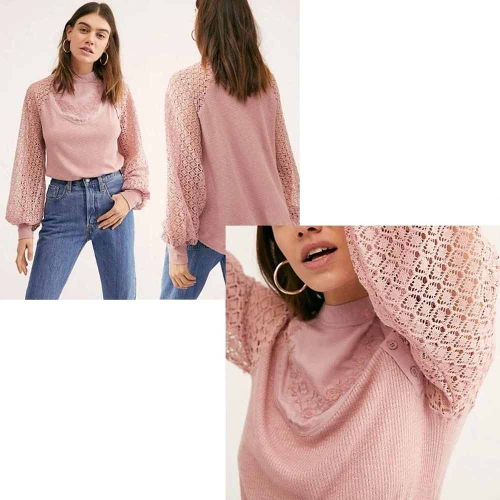 Free People Sweetest Thing Romantic Dusty Rose Lace Balloon Sleeve Top Womens XS